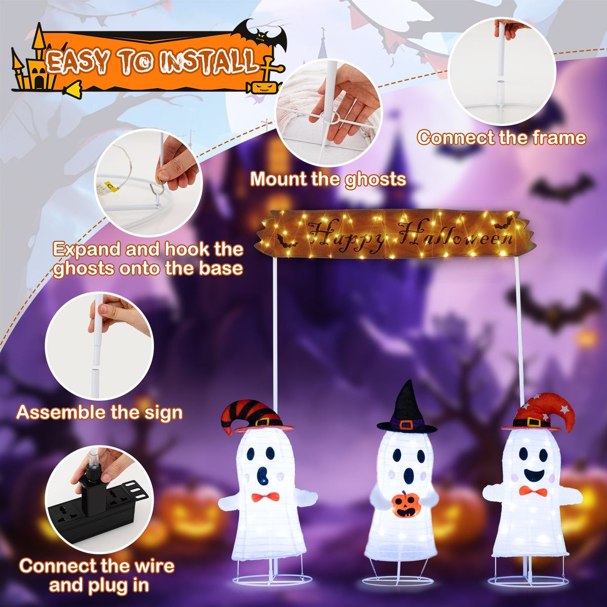 Halloween Ghost Decoration Set - 4 Pieces with Gate & LED Lights - Weather-Resistant Outdoor Scene