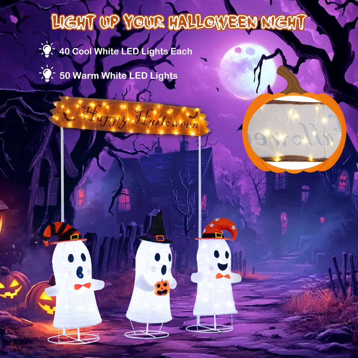 Halloween Ghost Decoration Set - 4 Pieces with Gate & LED Lights - Weather-Resistant Outdoor Scene