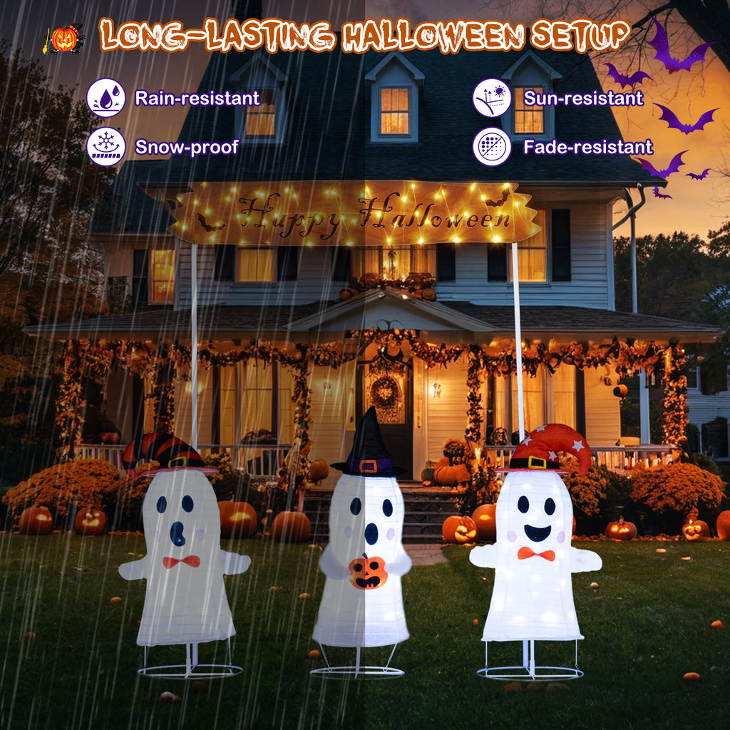 Halloween Ghost Decoration Set - 4 Pieces with Gate & LED Lights - Weather-Resistant Outdoor Scene
