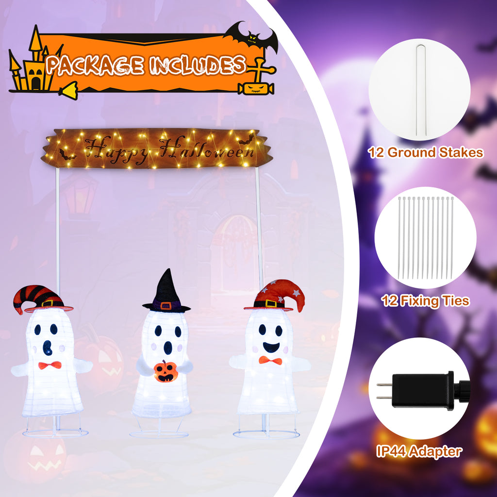 Halloween Ghost Decoration Set - 4 Pieces with Gate & LED Lights - Weather-Resistant Outdoor Scene