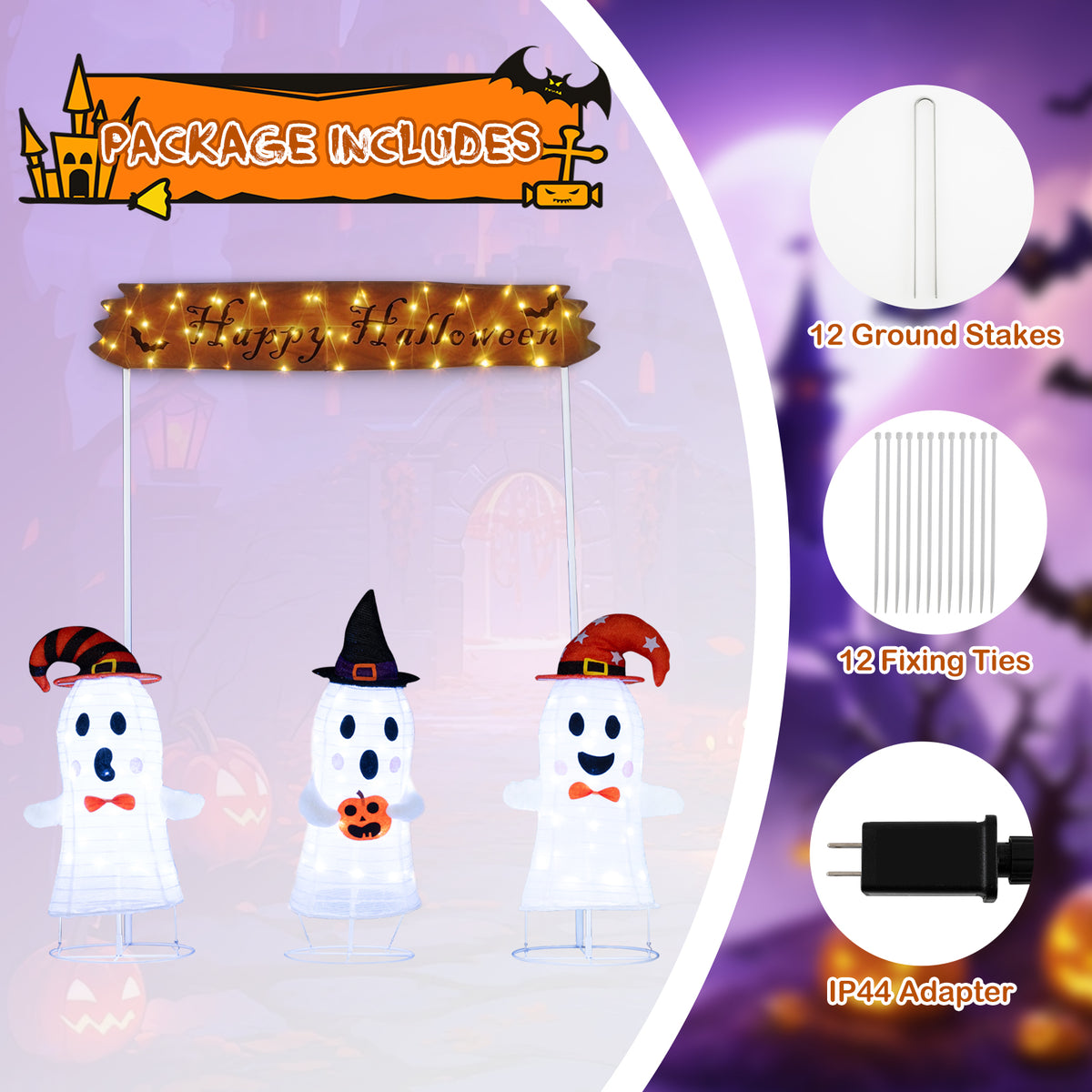 Halloween Ghost Decoration Set - 4 Pieces with Gate & LED Lights - Weather-Resistant Outdoor Scene
