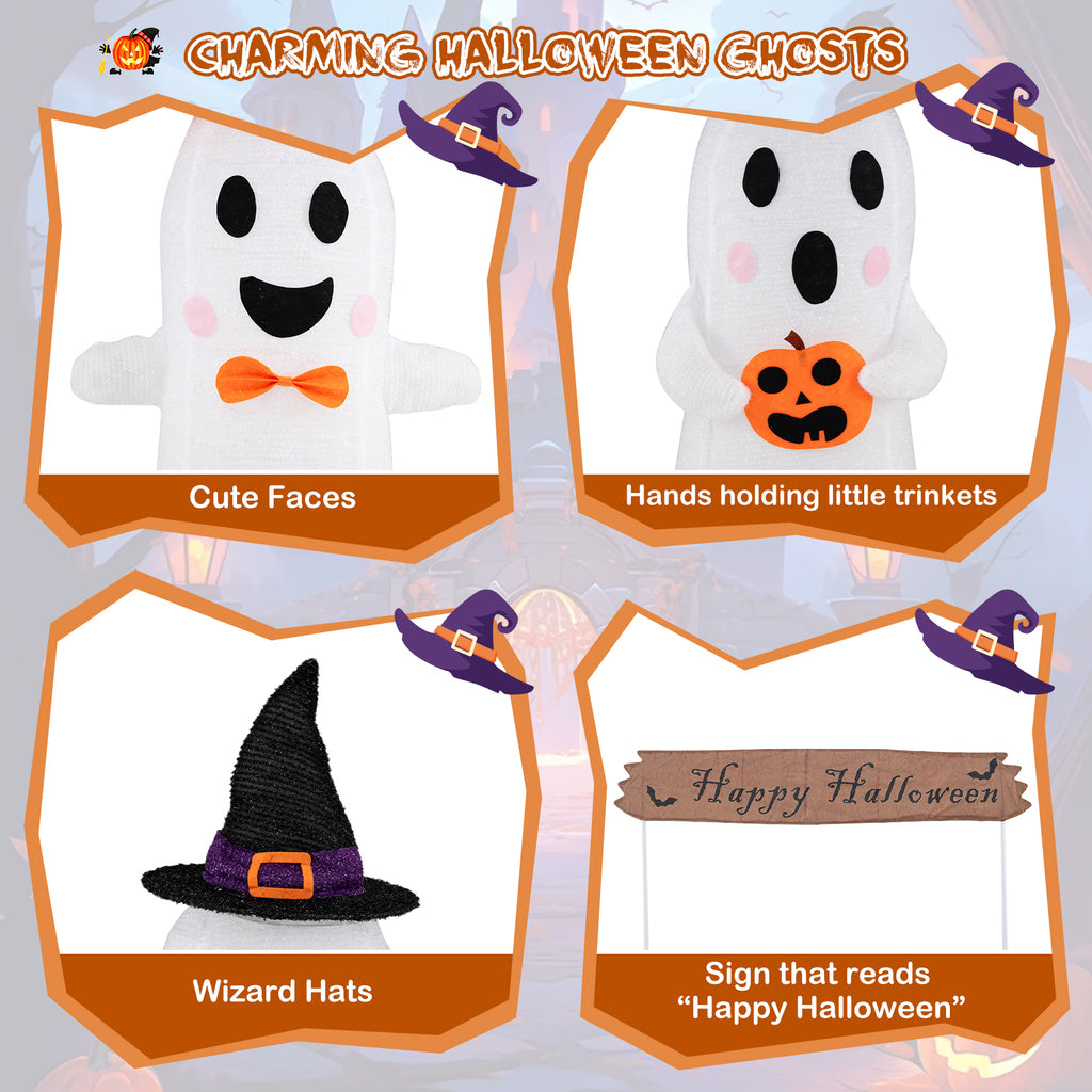 Halloween Ghost Decoration Set - 4 Pieces with Gate & LED Lights - Weather-Resistant Outdoor Scene