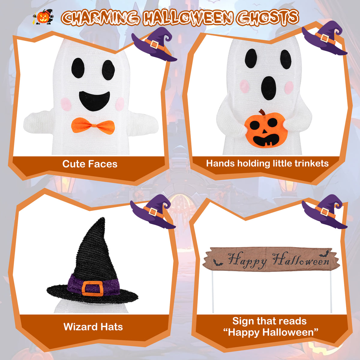 Halloween Ghost Decoration Set - 4 Pieces with Gate & LED Lights - Weather-Resistant Outdoor Scene