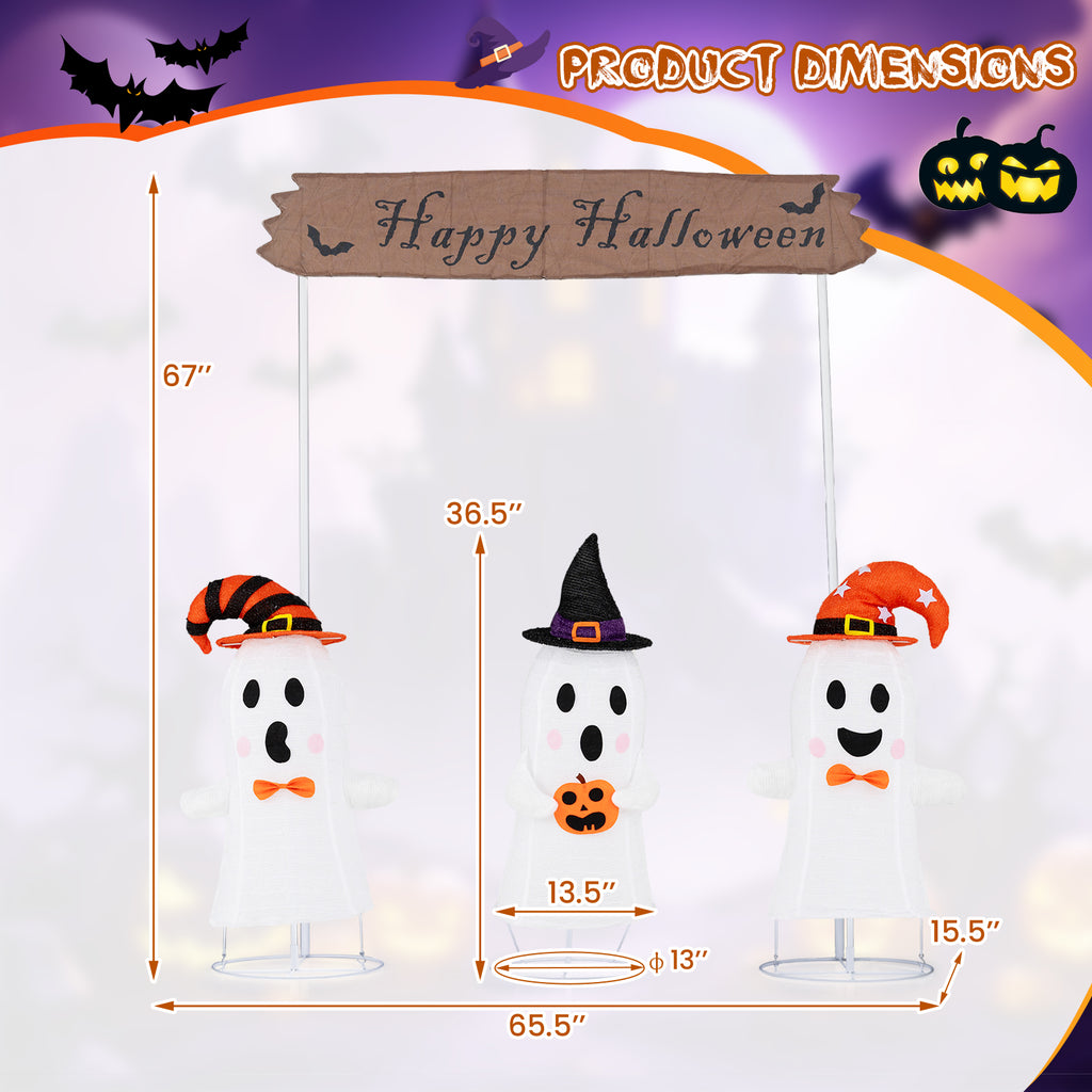 Halloween Ghost Decoration Set - 4 Pieces with Gate & LED Lights - Weather-Resistant Outdoor Scene