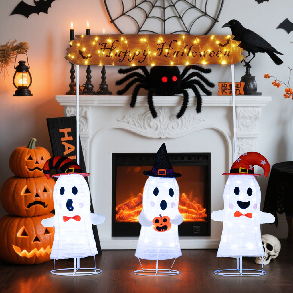 Halloween Ghost Decoration Set - 4 Pieces with Gate & LED Lights - Weather-Resistant Outdoor Scene