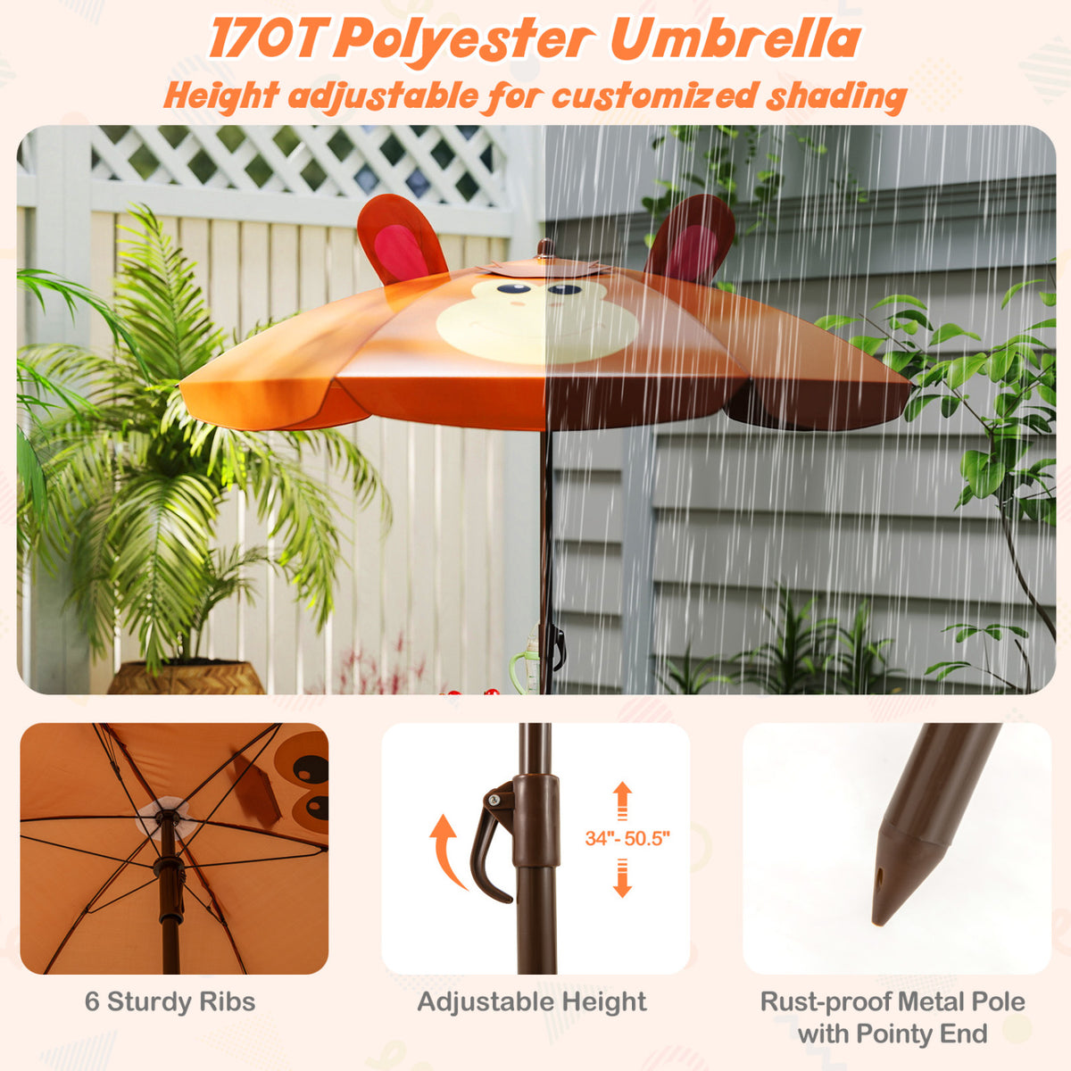 Kids Picnic Set with 2 Folding Chairs and Adjustable Umbrella - Brown