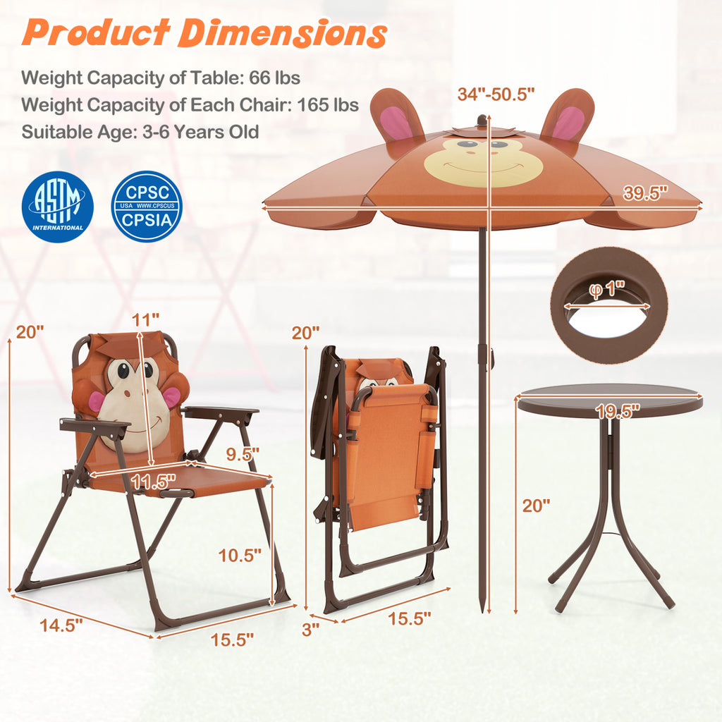 Kids Picnic Set with 2 Folding Chairs and Adjustable Umbrella - Brown