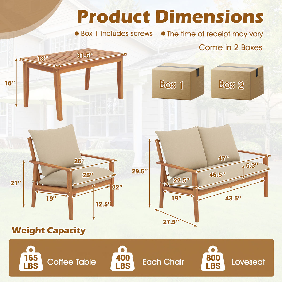 4 Pieces Outdoor Acacia Wood Conversation Set with Soft Cushions and