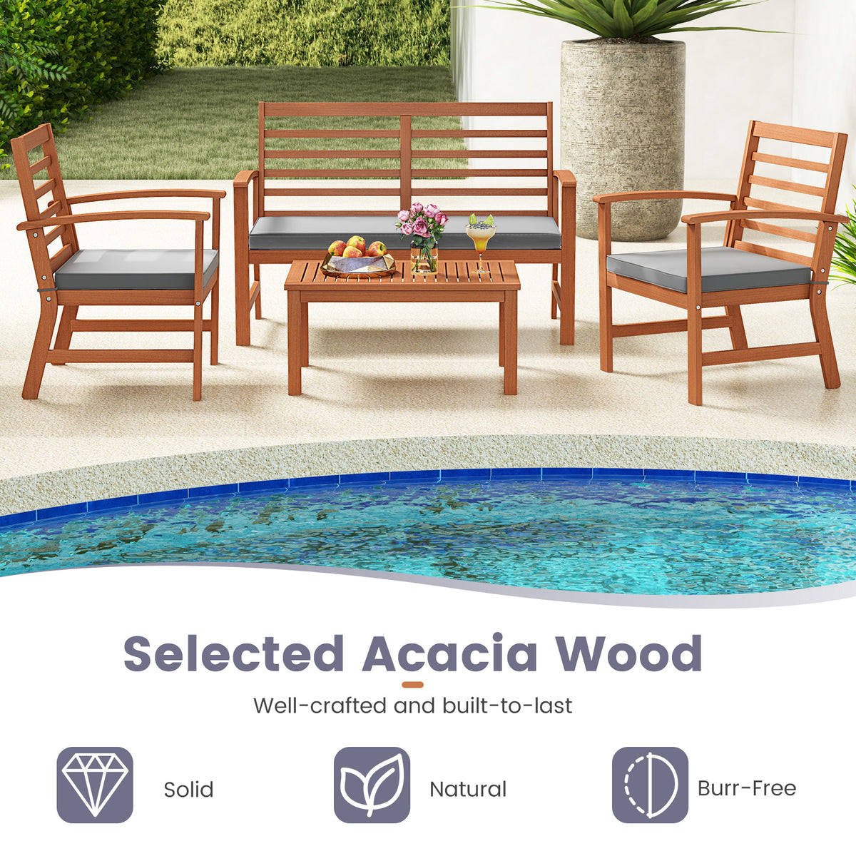 4-Piece Outdoor Furniture Set, Acacia Wood, Gray - Style 5