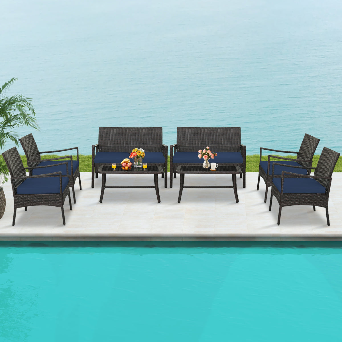 4 Pieces Rattan Conversation Set with Tempered Glass Coffee Table