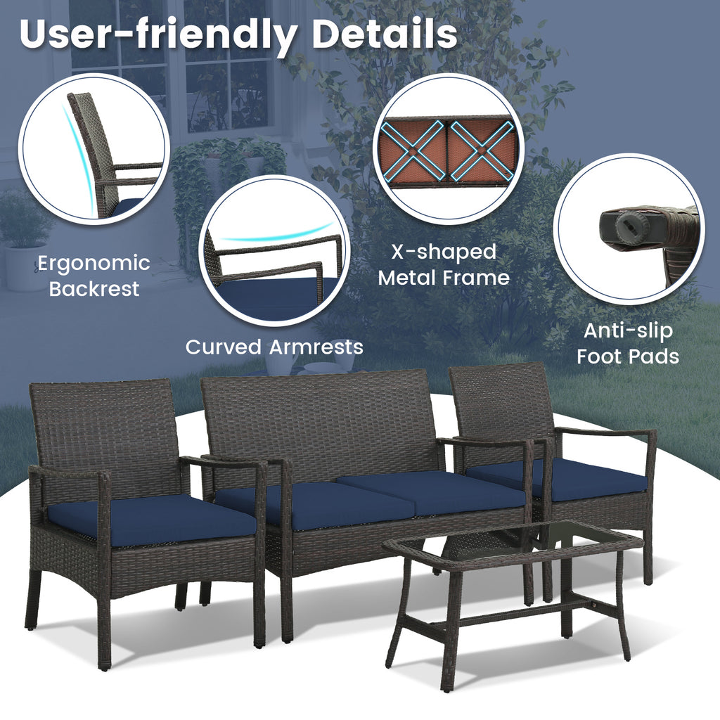 4 Pieces Rattan Conversation Set with Tempered Glass Coffee Table