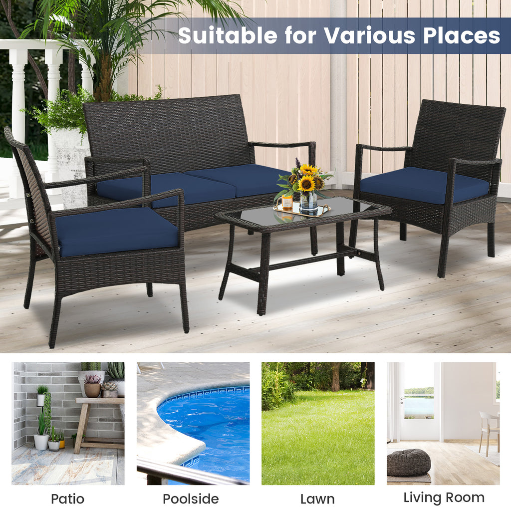 4 Pieces Rattan Conversation Set with Tempered Glass Coffee Table