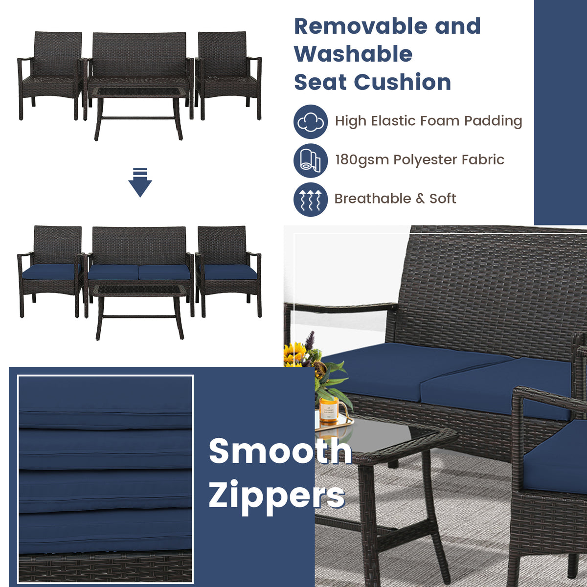 4 Pieces Rattan Conversation Set with Tempered Glass Coffee Table