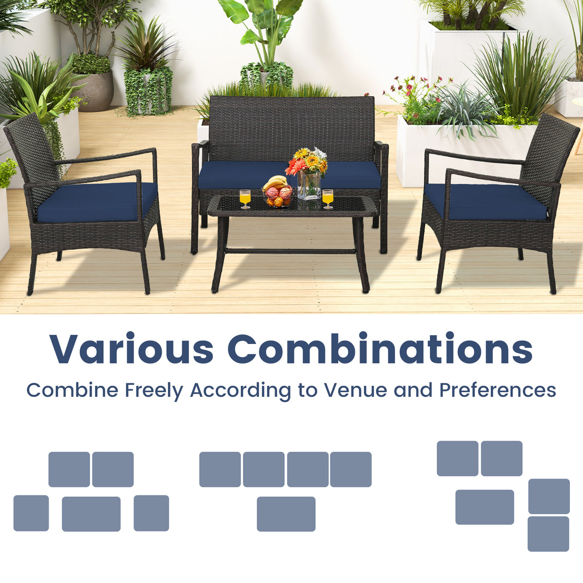 4 Pieces Rattan Conversation Set with Tempered Glass Coffee Table