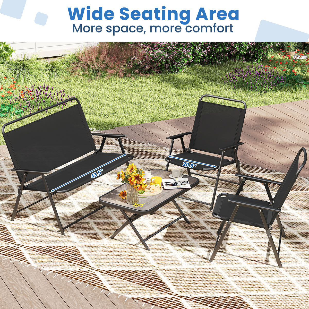 Folding Patio Set with Coffee Table & Chairs - Black