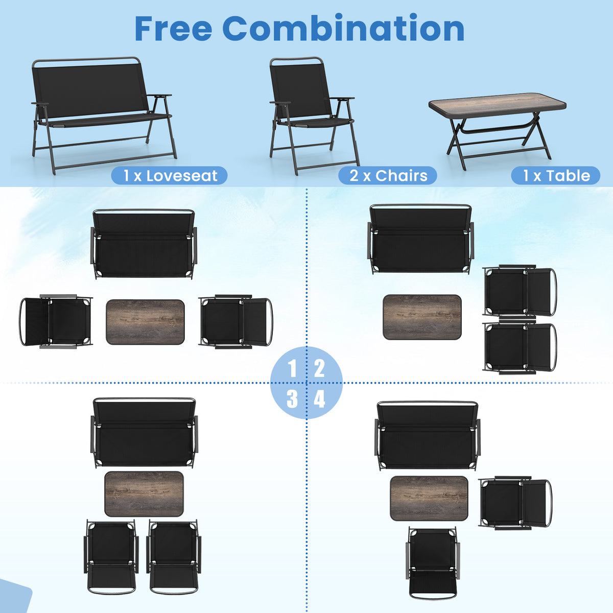 Folding Patio Set with Coffee Table & Chairs - Black