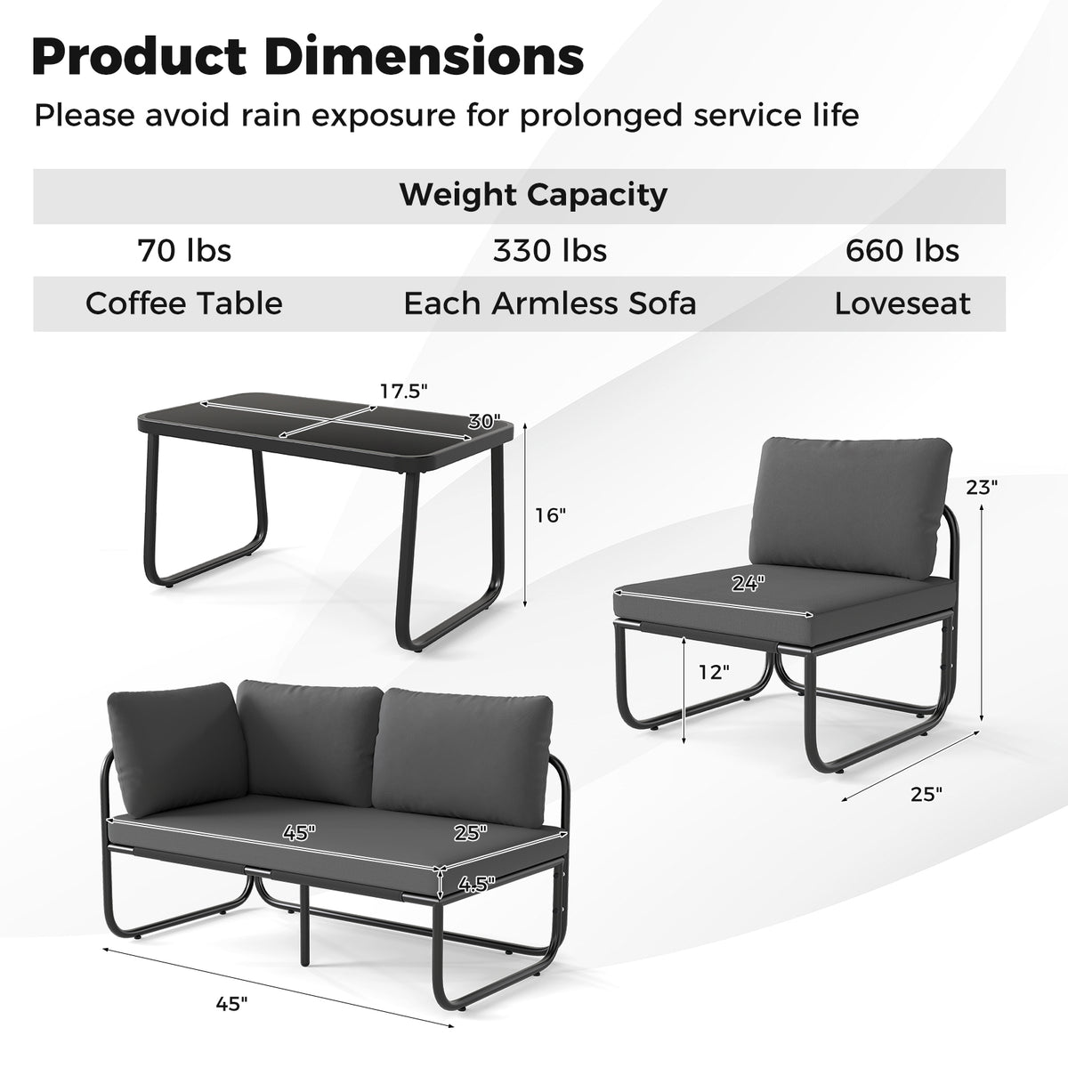 4 Pieces Patio Furniture Set with Cushions and Coffee Table