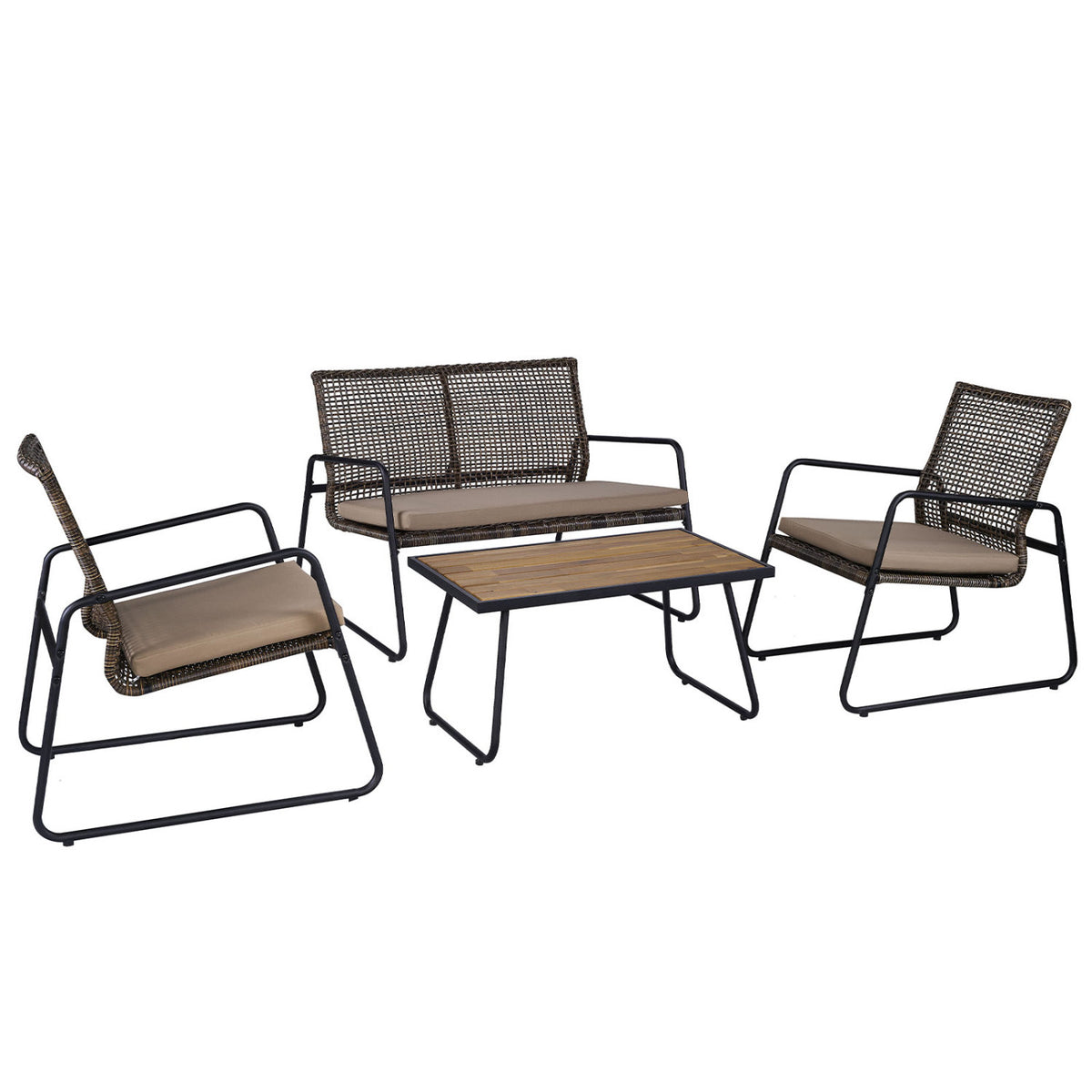 4 Pieces of Metal Patio Furniture Chat Set with Tempered Glass Coffee