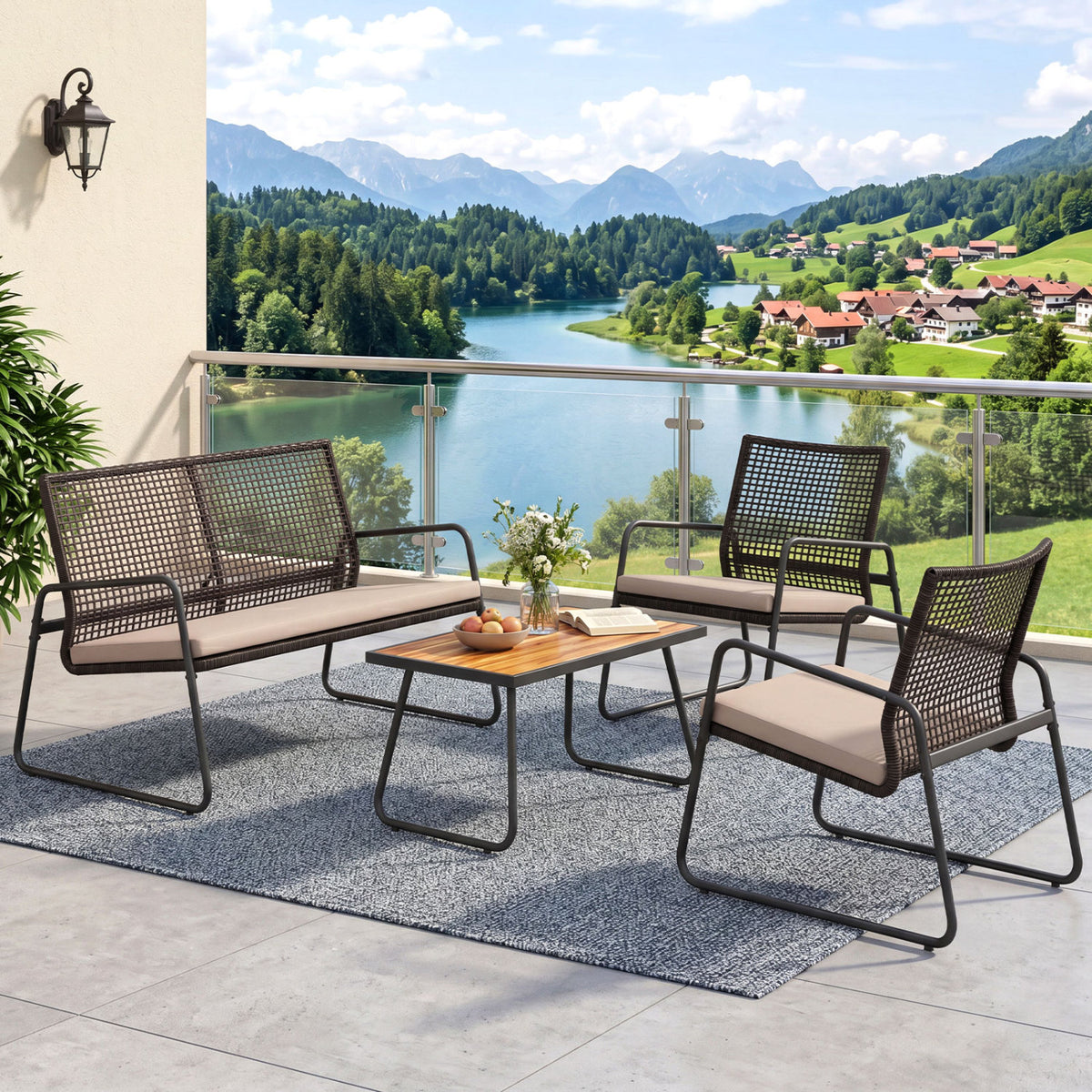 4 Pieces Patio Furniture Set with Acacia Wood Coffee Table and