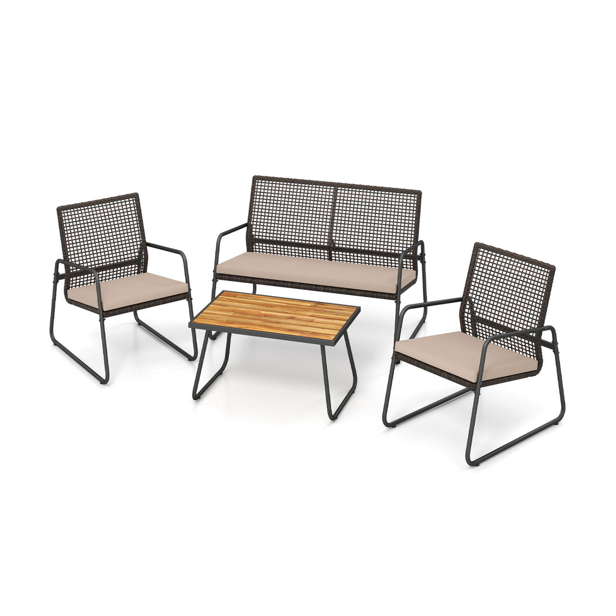 4 Pieces Patio Furniture Set with Acacia Wood Coffee Table and