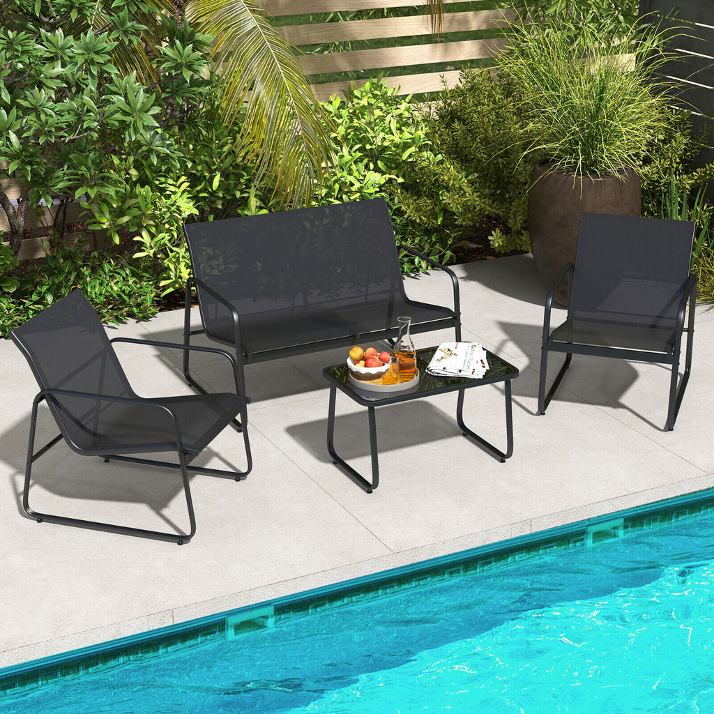 Outdoor Conversation Set with Tempered Glass Coffee Table - Black