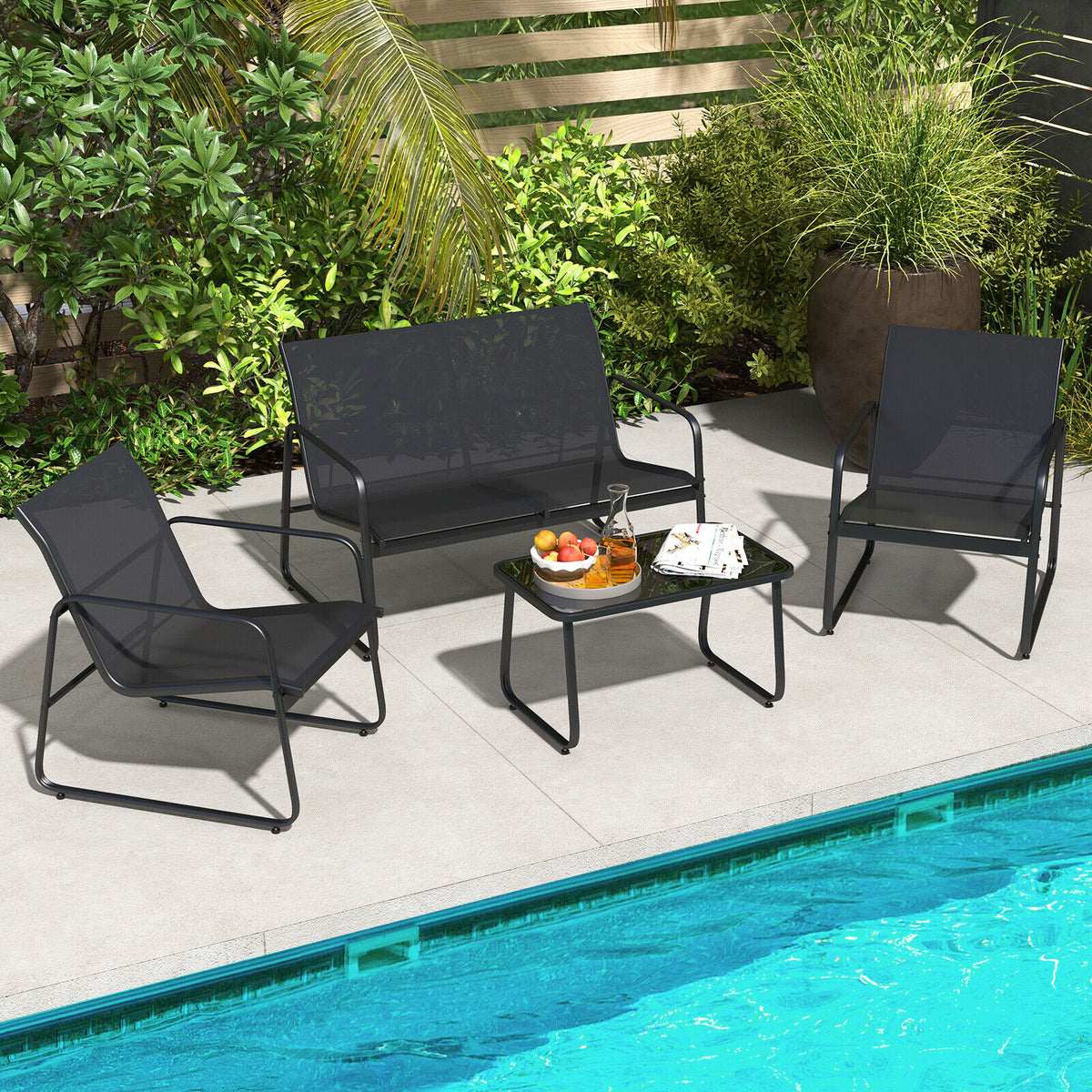 Outdoor Conversation Set with Tempered Glass Coffee Table - Black