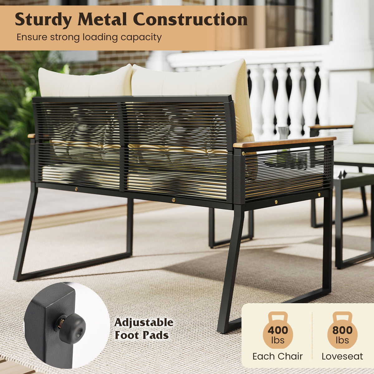 4-Piece Patio Conversation Set with Coffee Table - Black