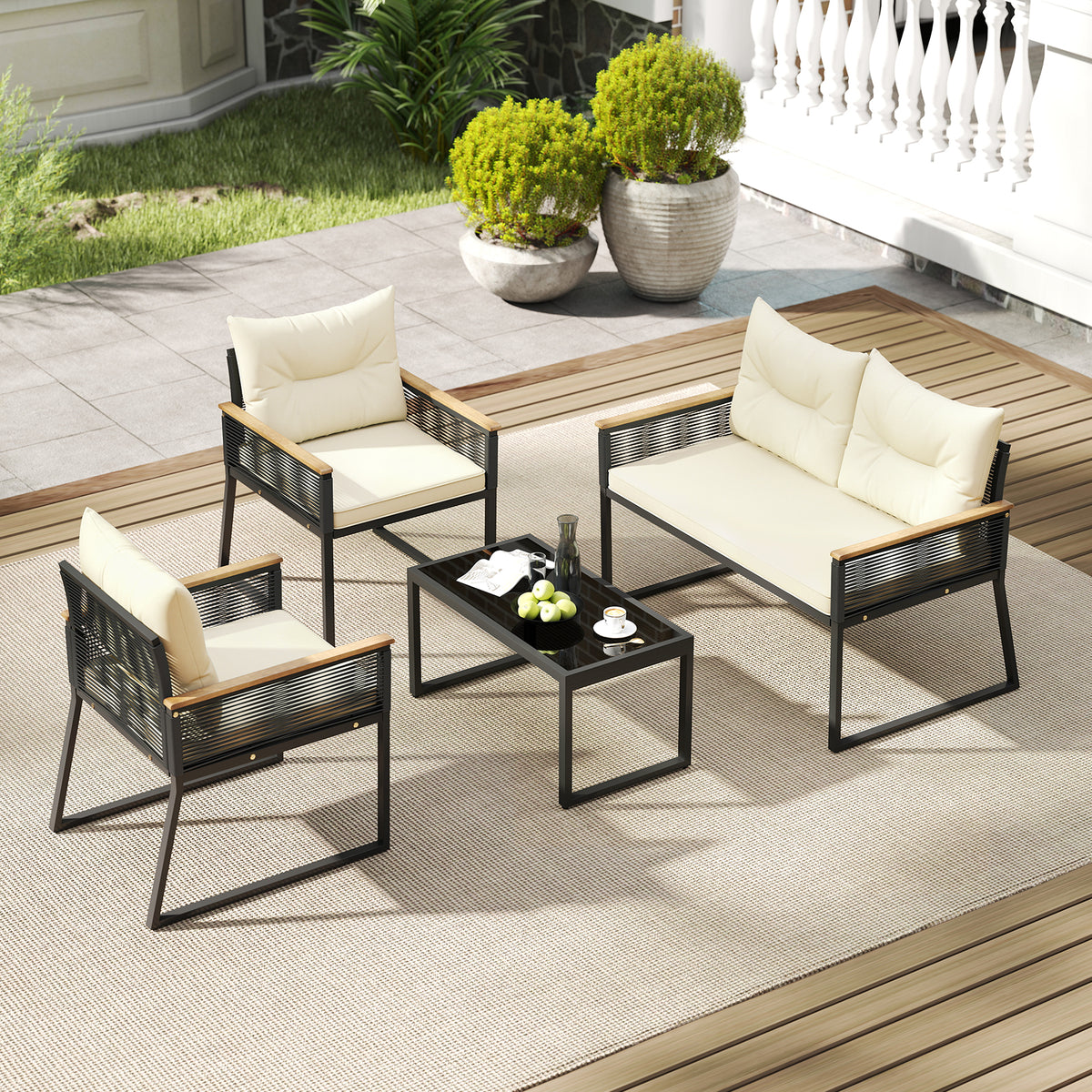 4-Piece Patio Conversation Set with Coffee Table - Black