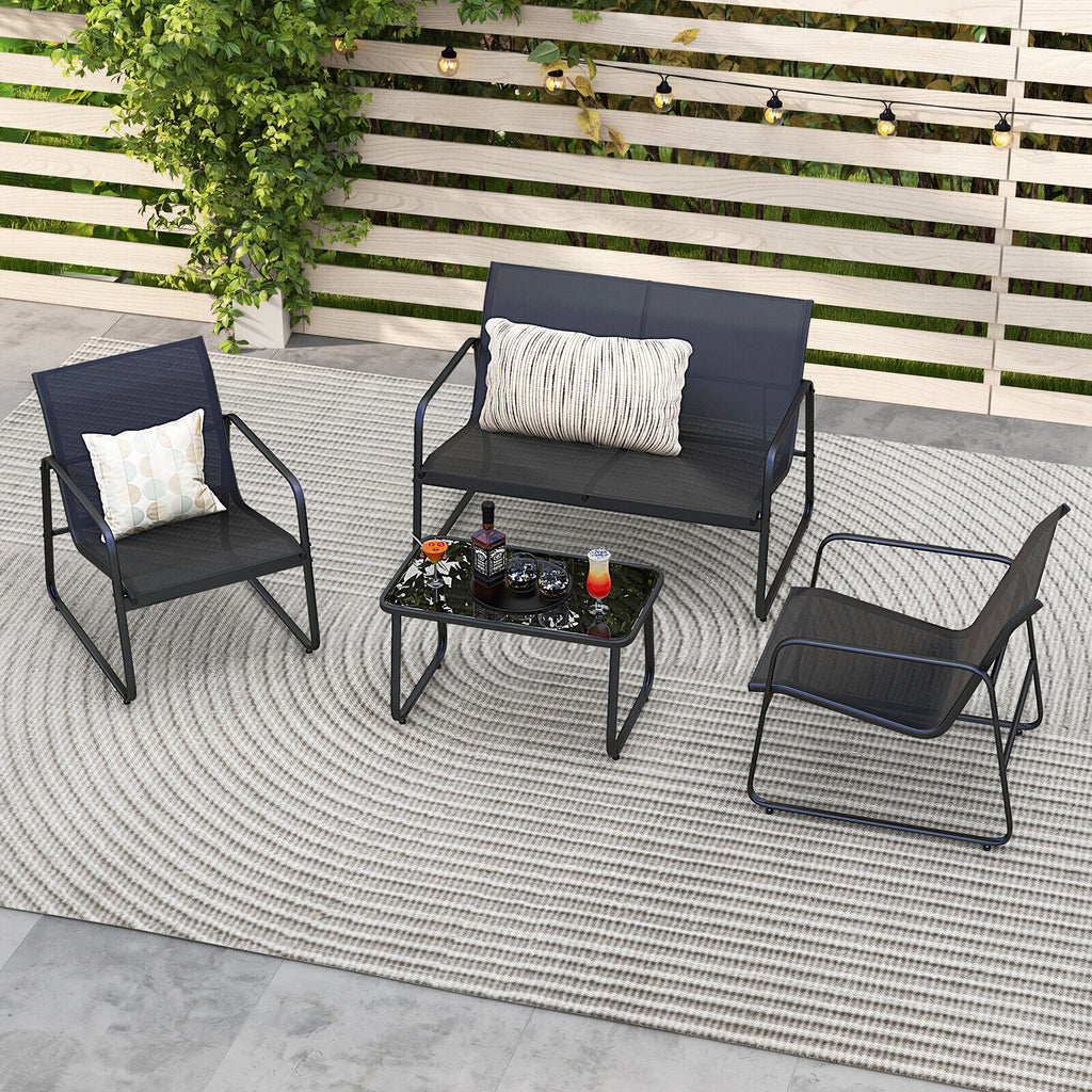 Outdoor Conversation Set with Tempered Glass Coffee Table - Black