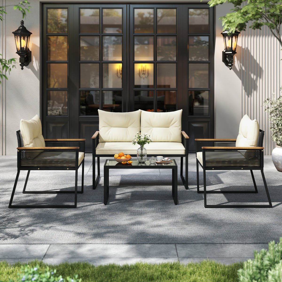 4-Piece Patio Conversation Set with Coffee Table - Black