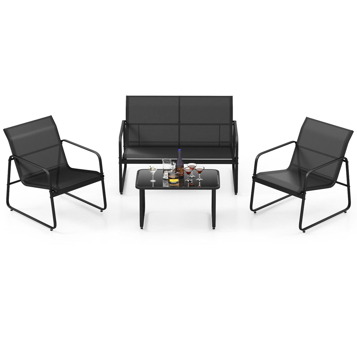 Outdoor Conversation Set with Tempered Glass Coffee Table - Black
