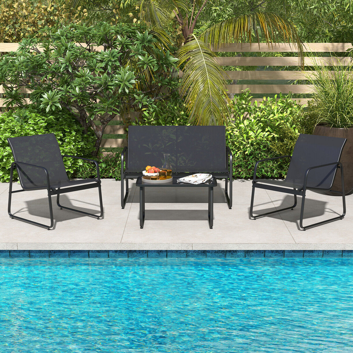 Outdoor Conversation Set with Tempered Glass Coffee Table - Black