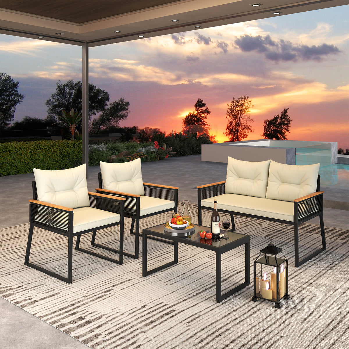 4-Piece Patio Conversation Set with Coffee Table - Black