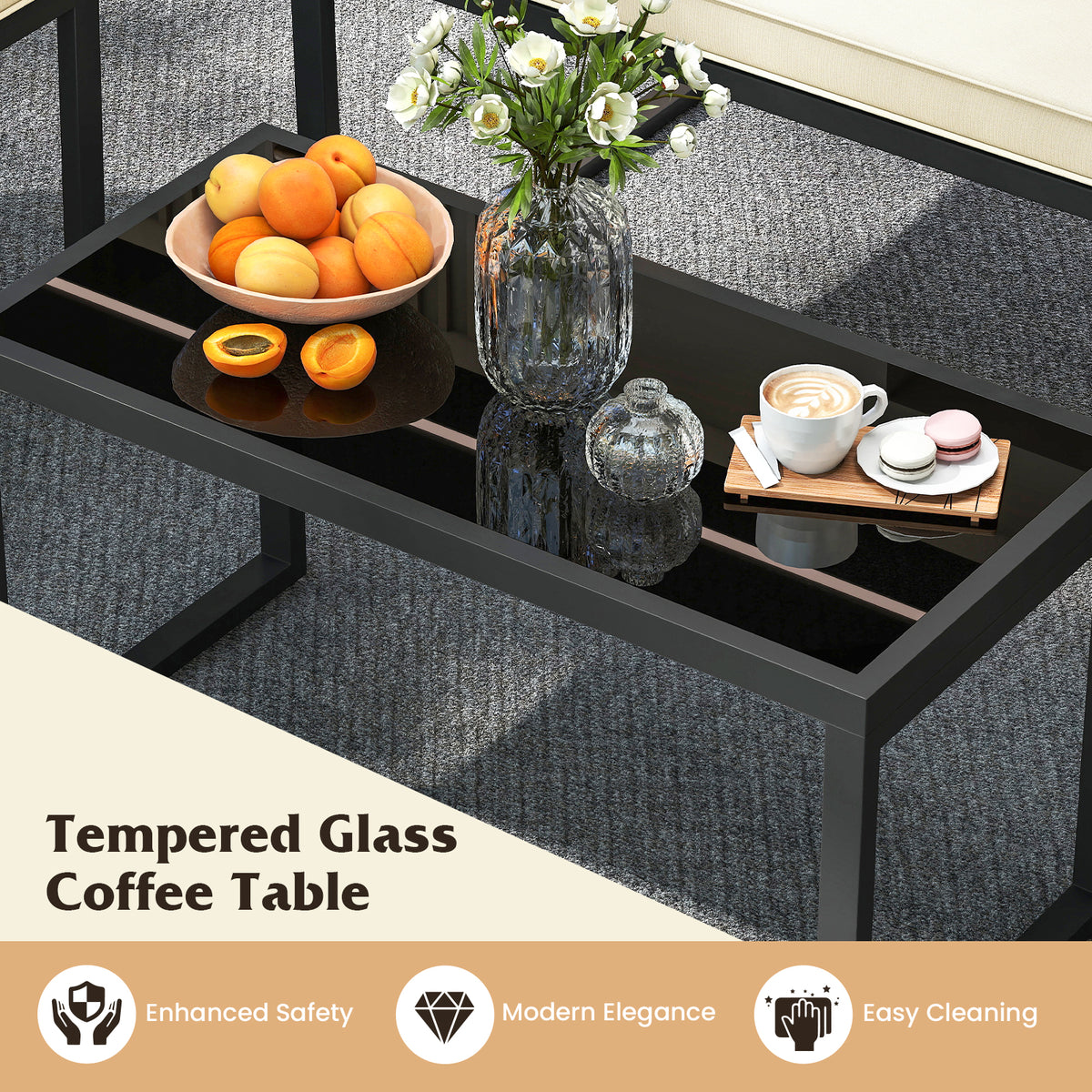 Outdoor Conversation Set with Tempered Glass Coffee Table - Black