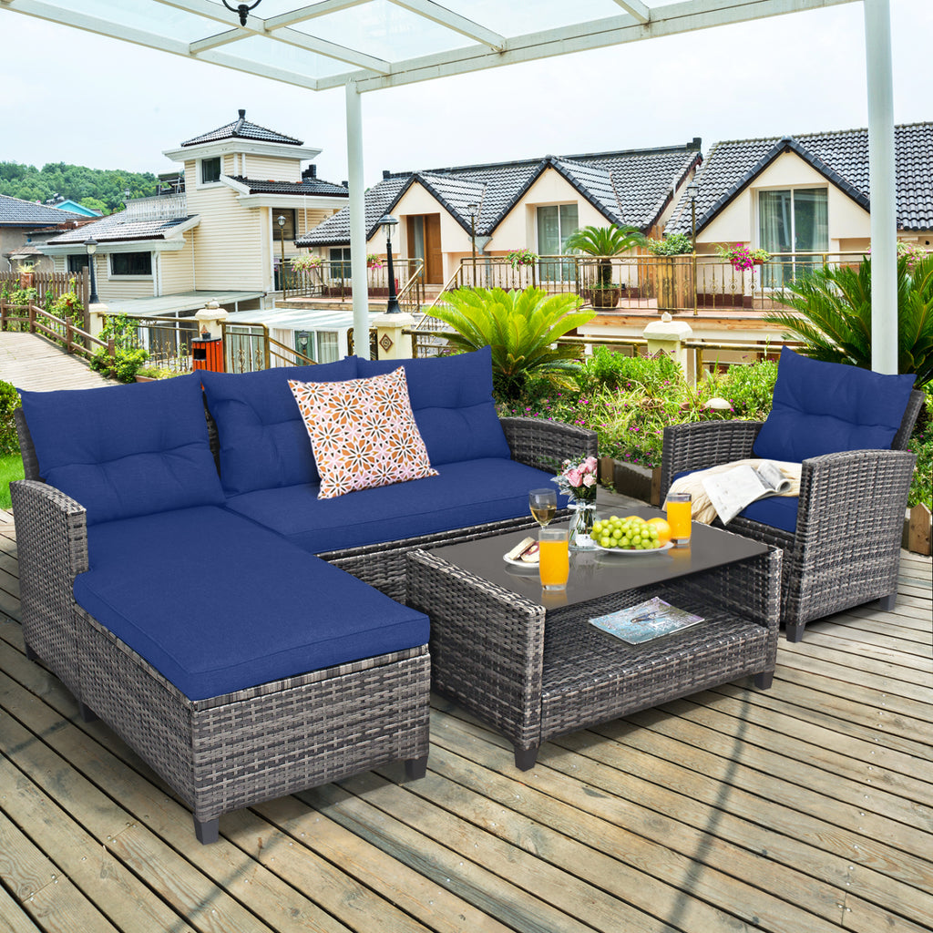 4 Pieces Patio Rattan Sofa Furniture Set with Cushion and 2-Tier