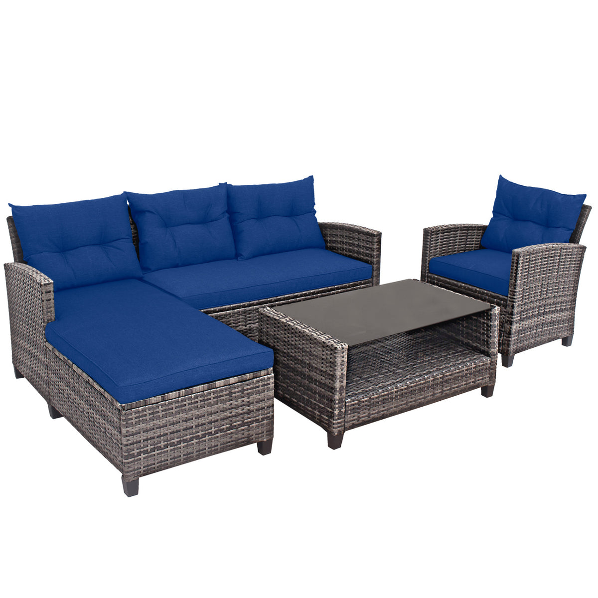 4 Pieces Patio Rattan Sofa Furniture Set with Cushion and 2-Tier