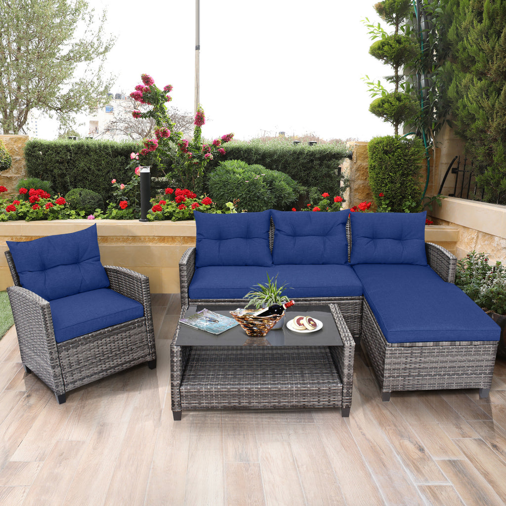 4 Pieces Patio Rattan Sofa Furniture Set with Cushion and 2-Tier