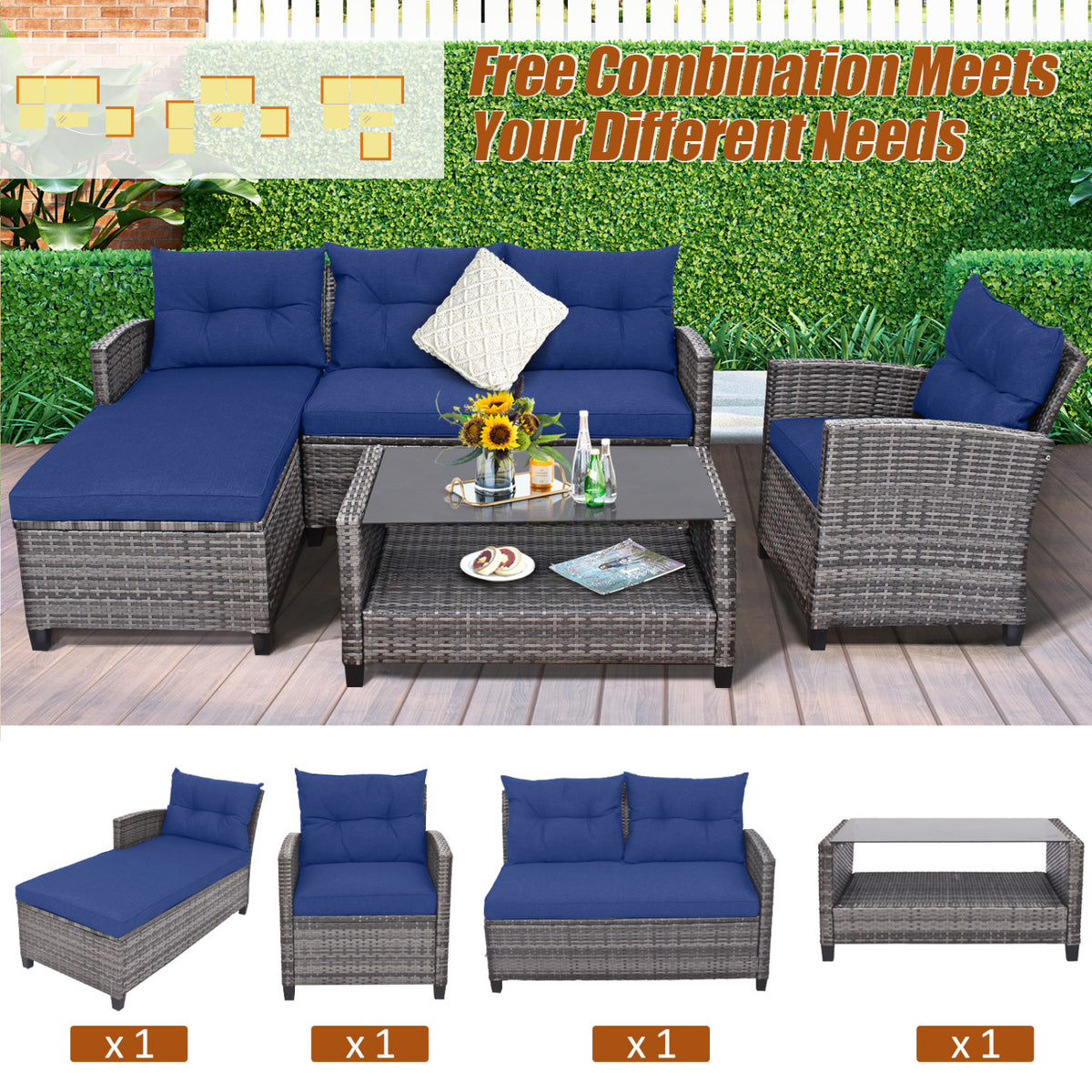 4 Pieces Patio Rattan Sofa Furniture Set with Cushion and 2-Tier