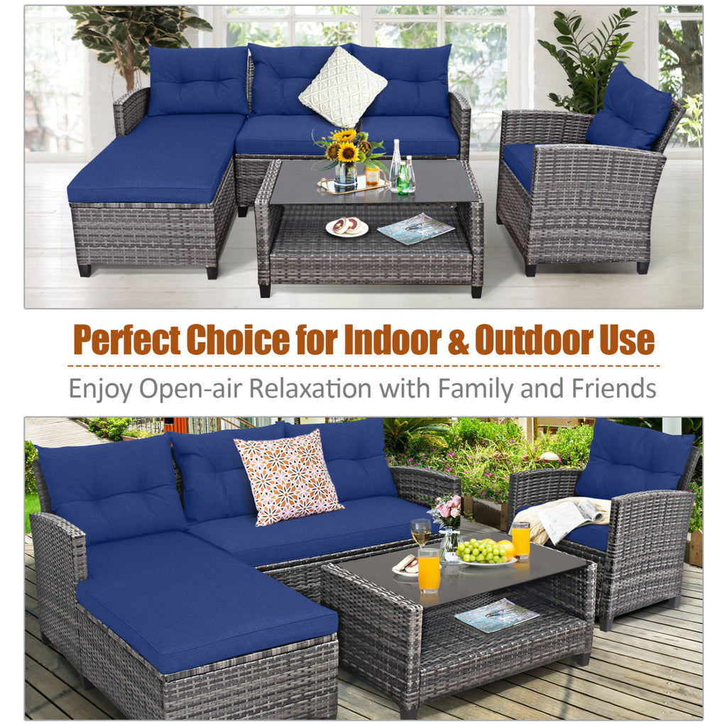 4 Pieces Patio Rattan Sofa Furniture Set with Cushion and 2-Tier