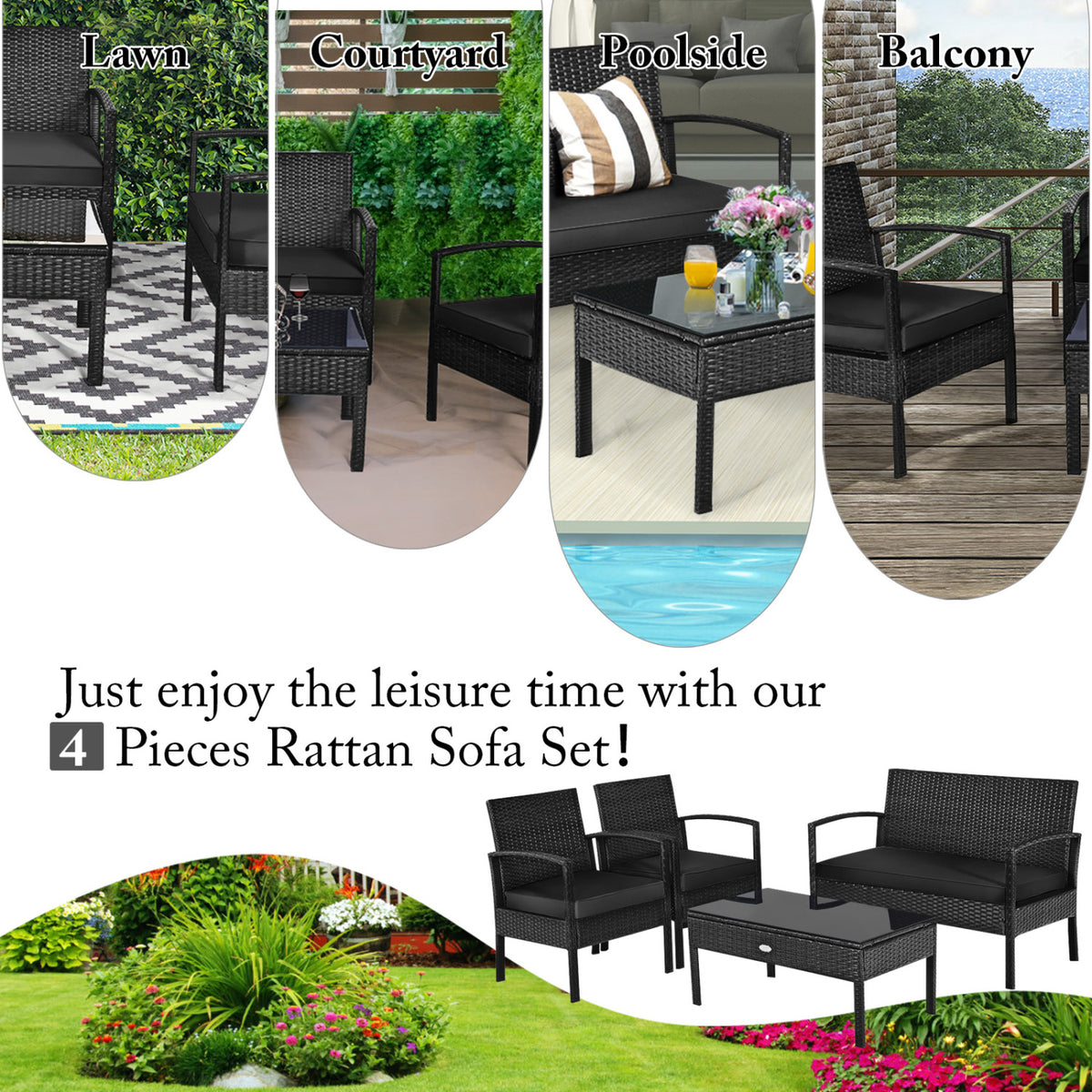 4 Pieces Patio Rattan Furniture Set with Cushion
