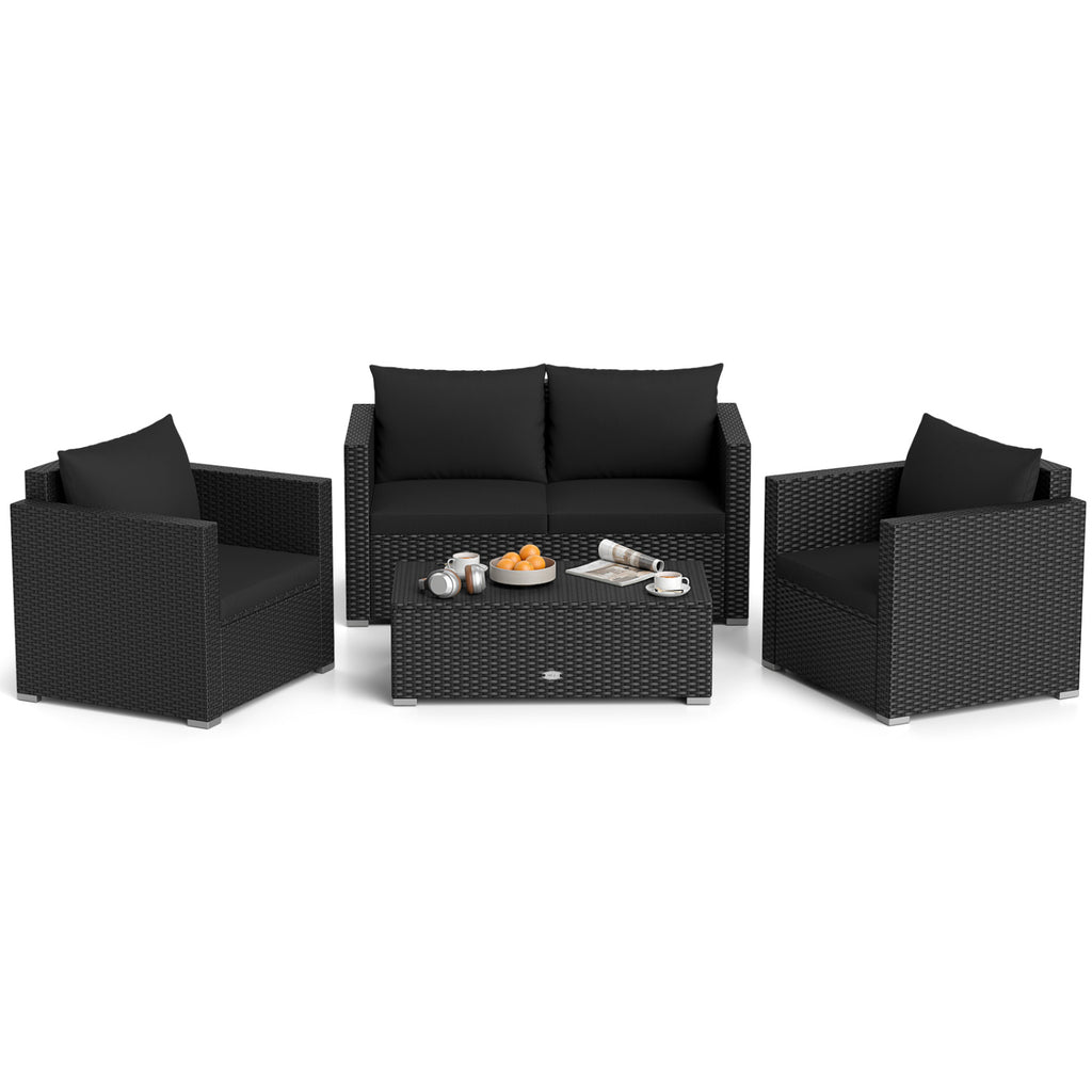 4 Pieces Patio Rattan Conversation Set with Padded Cushions