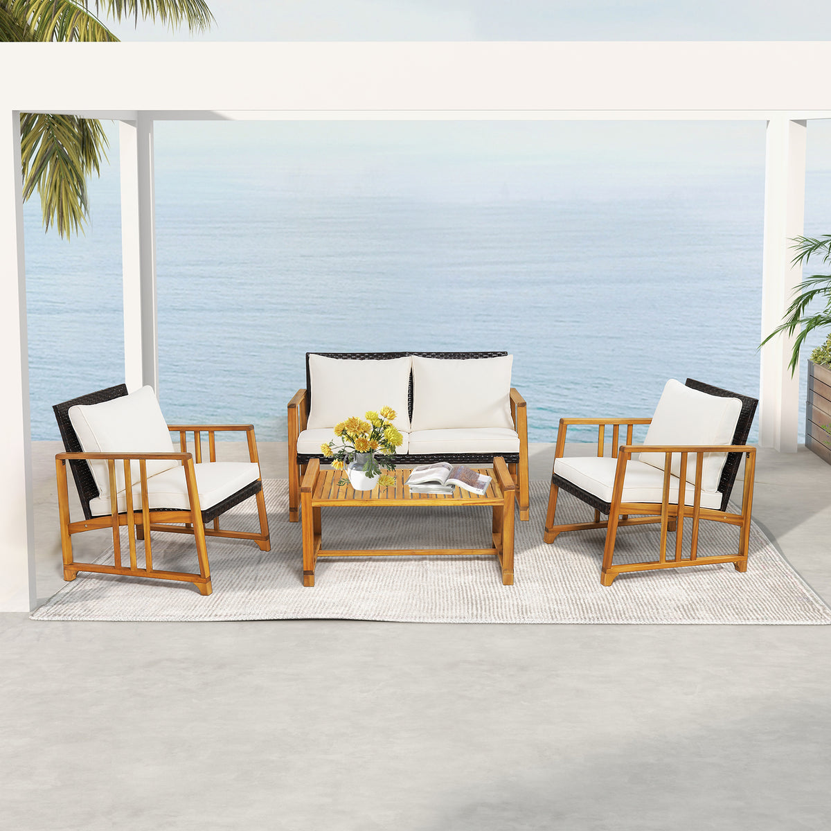 4 Pieces Patio Rattan Conversation Set with Seat and Back Cushions
