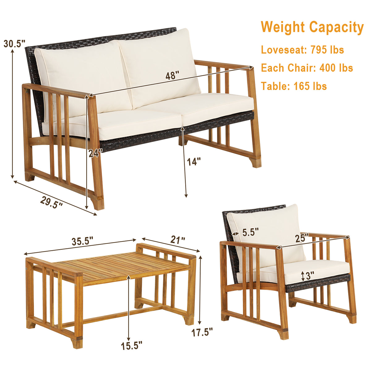 4 Pieces Patio Rattan Conversation Set with Seat and Back Cushions