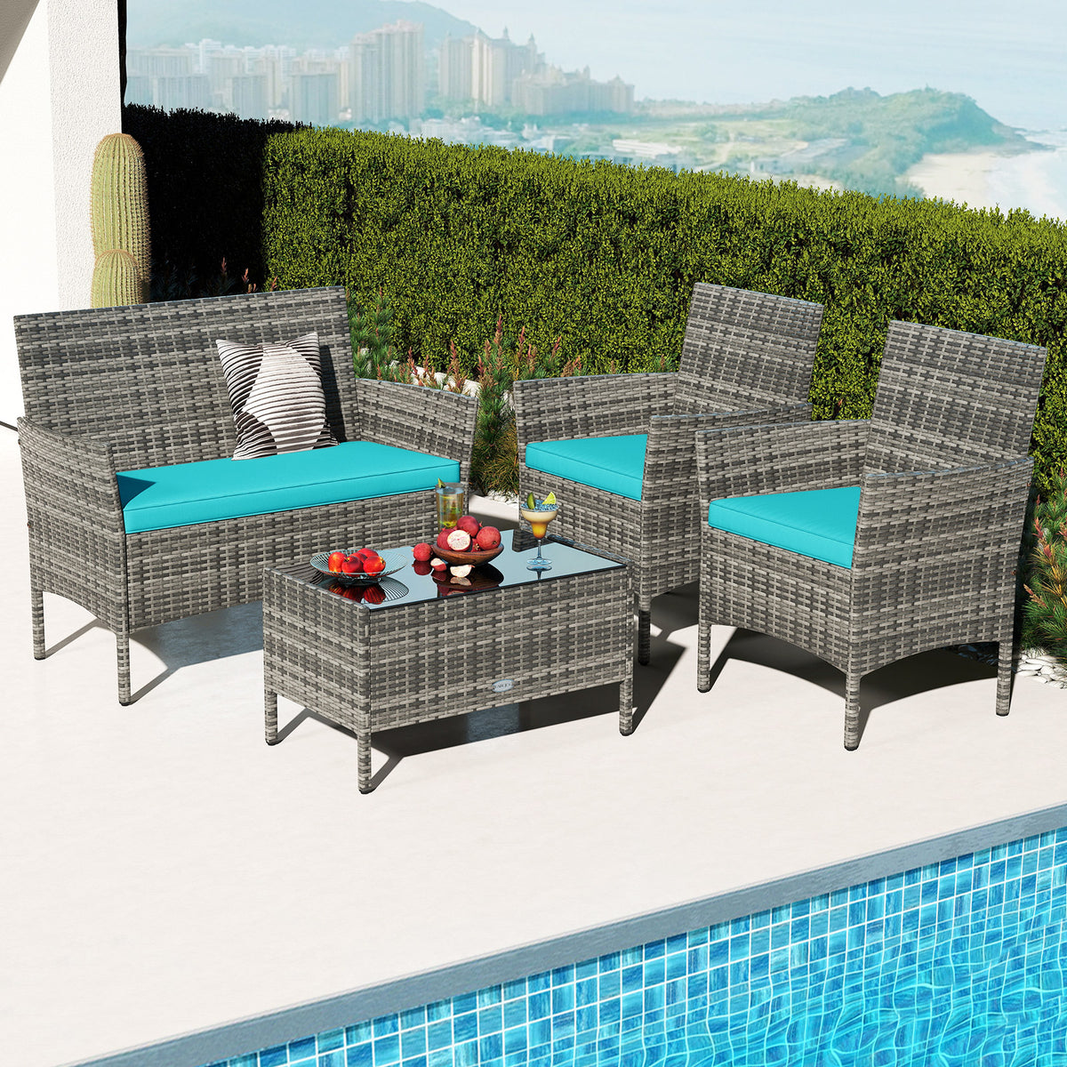 4 Pieces Patio Rattan Conversation Set with Tempered Glass Coffee