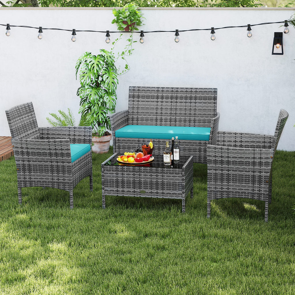 4 Pieces Patio Rattan Conversation Set with Tempered Glass Coffee