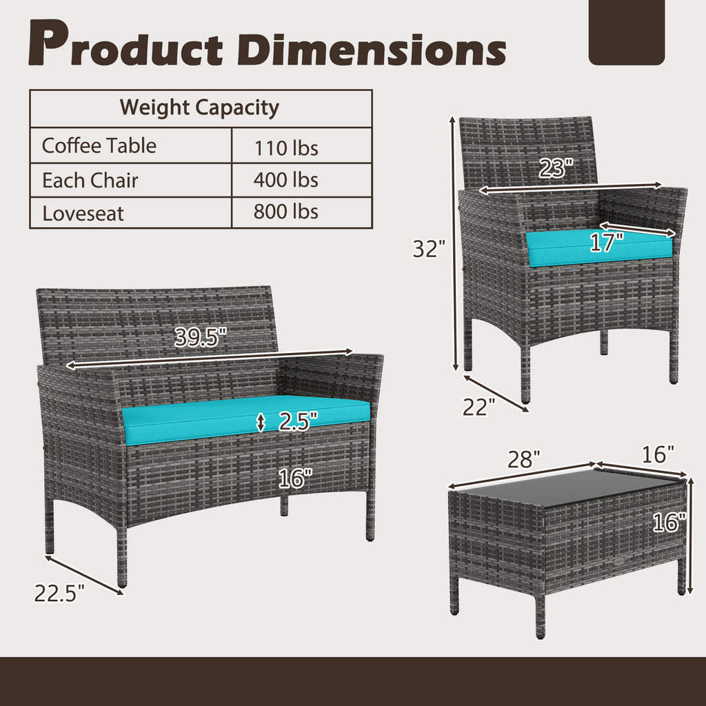 4 Pieces Patio Rattan Conversation Set with Tempered Glass Coffee