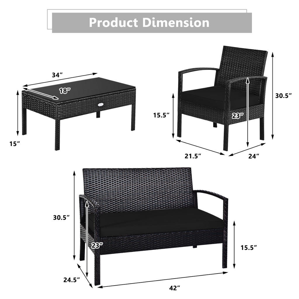 4-Piece Patio Rattan Furniture Set with Loveseat, Chairs & Table - Black