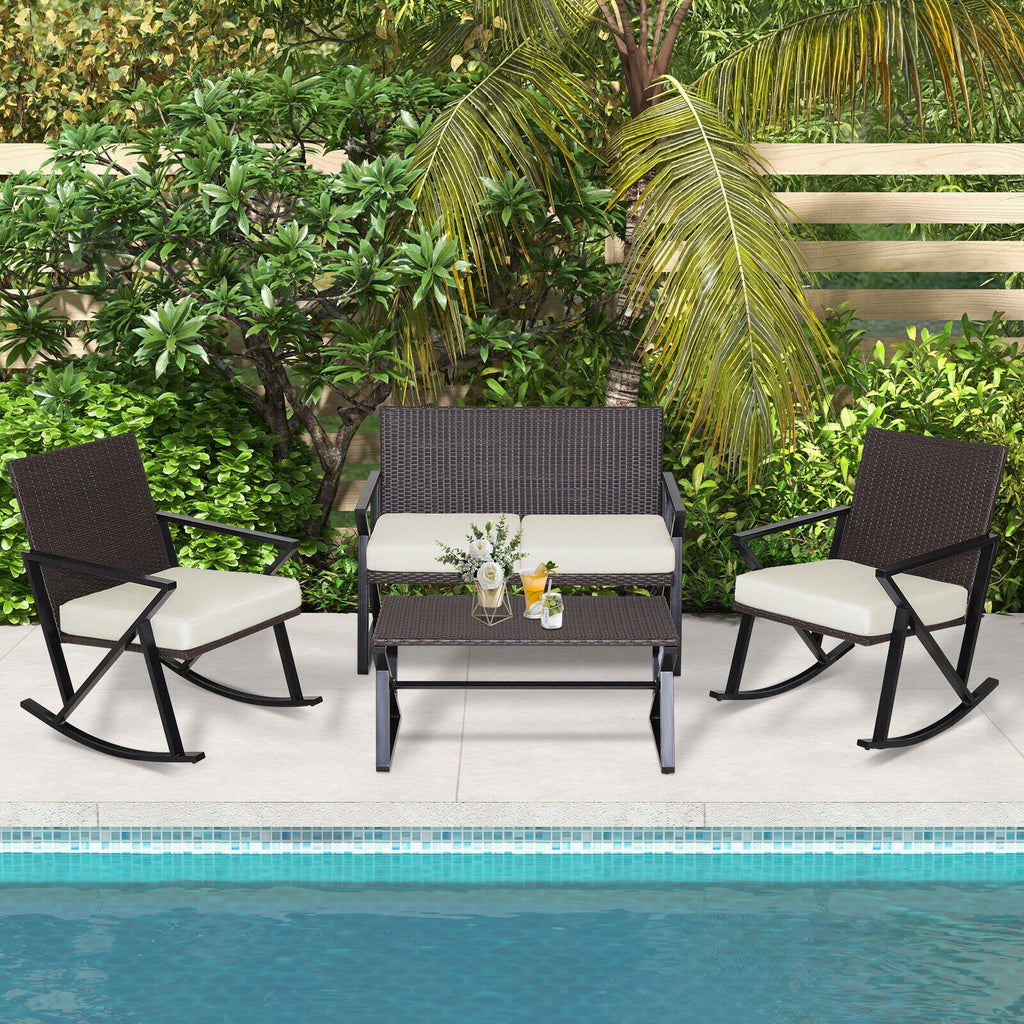 4 Pieces Rattan Patio Rocking Furniture Set with Loveseat and Coffee