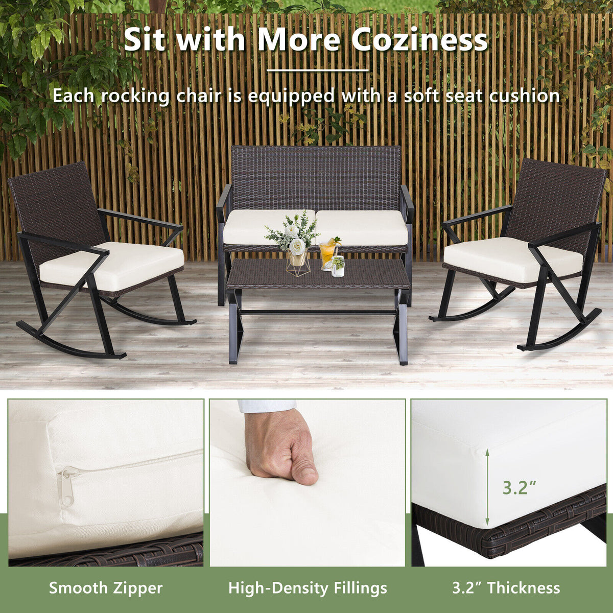 4 Pieces Rattan Patio Rocking Furniture Set with Loveseat and Coffee