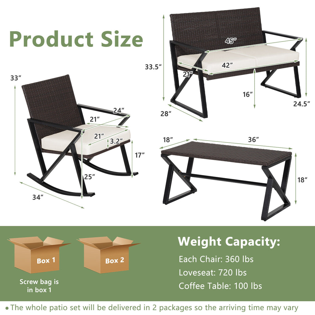 4 Pieces Rattan Patio Rocking Furniture Set with Loveseat and Coffee